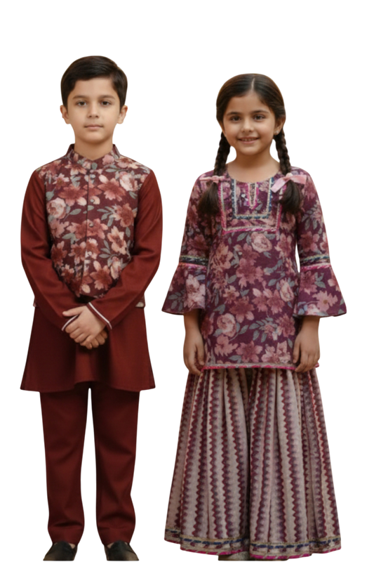 Red Kurta Payjama with Floral Jacket