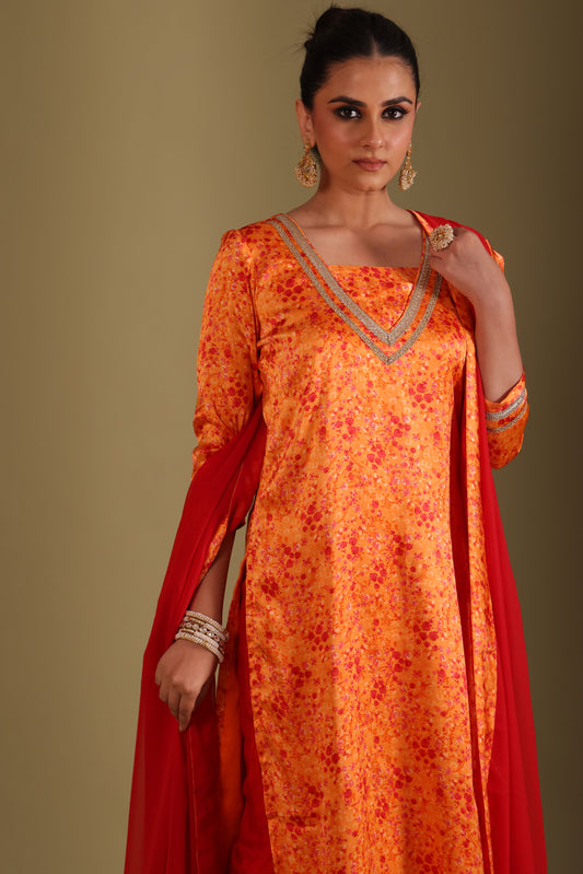 Gulzar Orange printed Kurta with Pant and dupatta- set of 3
