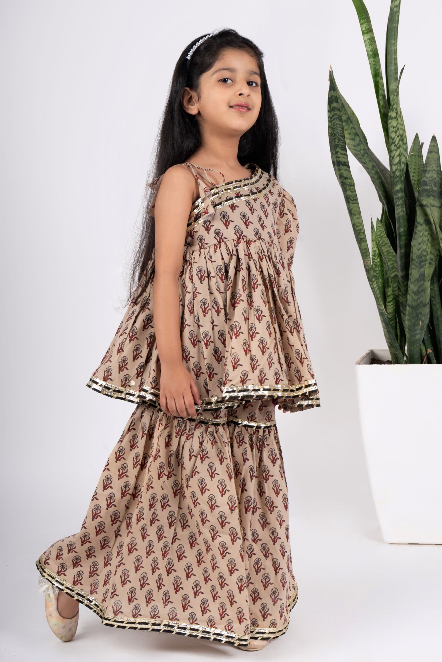 Girls beige kurta coord sharara set