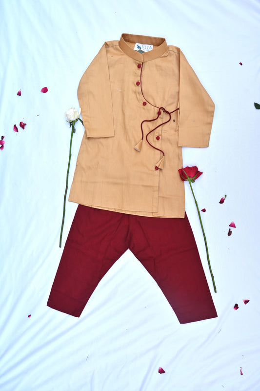 Boys gold and maroon traditional kurta payjama set