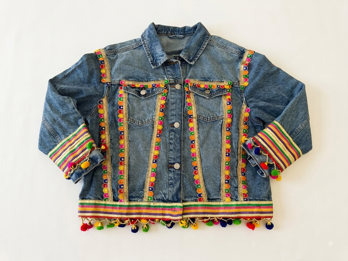 A blue denim jacket decorated with colorful embroidered stripes, beadwork, and tassels, laid flat against a plain white background.