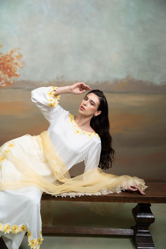 White & Yellow Sunflower Embroidery Cotton Silk & Organza Kurta Set 3 Pcs