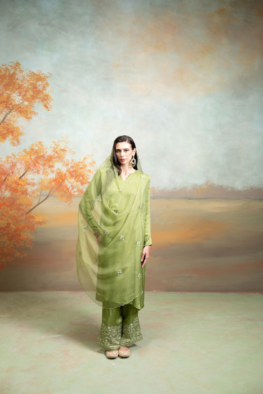 Green Organza Detailing Cotton Silk & Organza Kurta Set -3 Pcs
