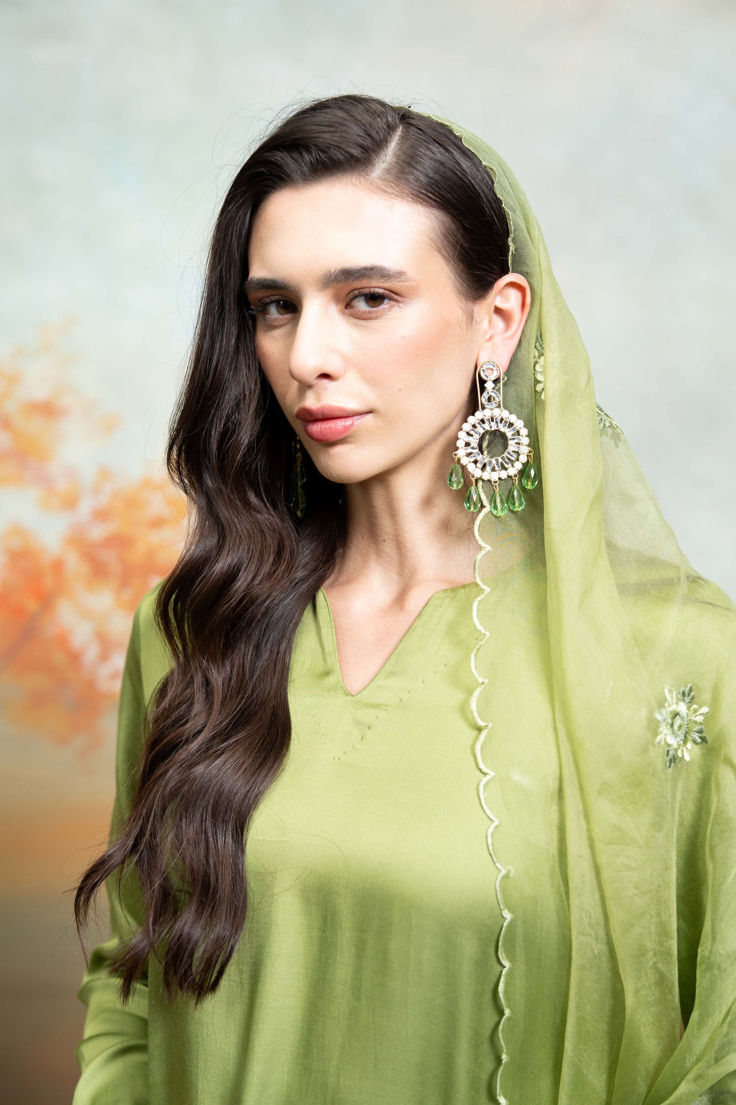 Green Organza Detailing Cotton Silk & Organza Kurta Set -3 Pcs