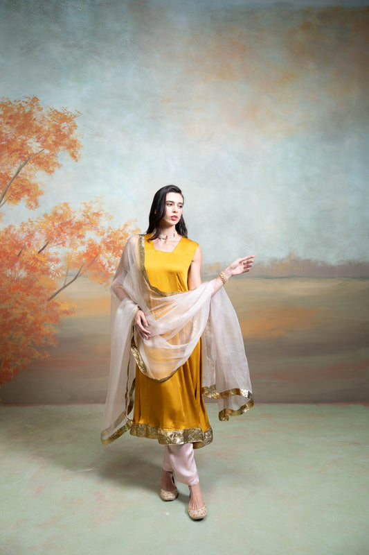 Yellow & Pink Textured Detailing Cotton Blend Anarkali Set 3 Pcs