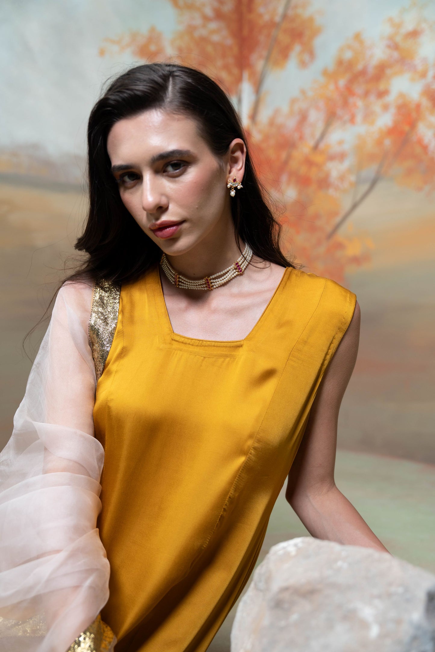 Yellow & Pink Textured Detailing Cotton Blend Anarkali Set 3 Pcs