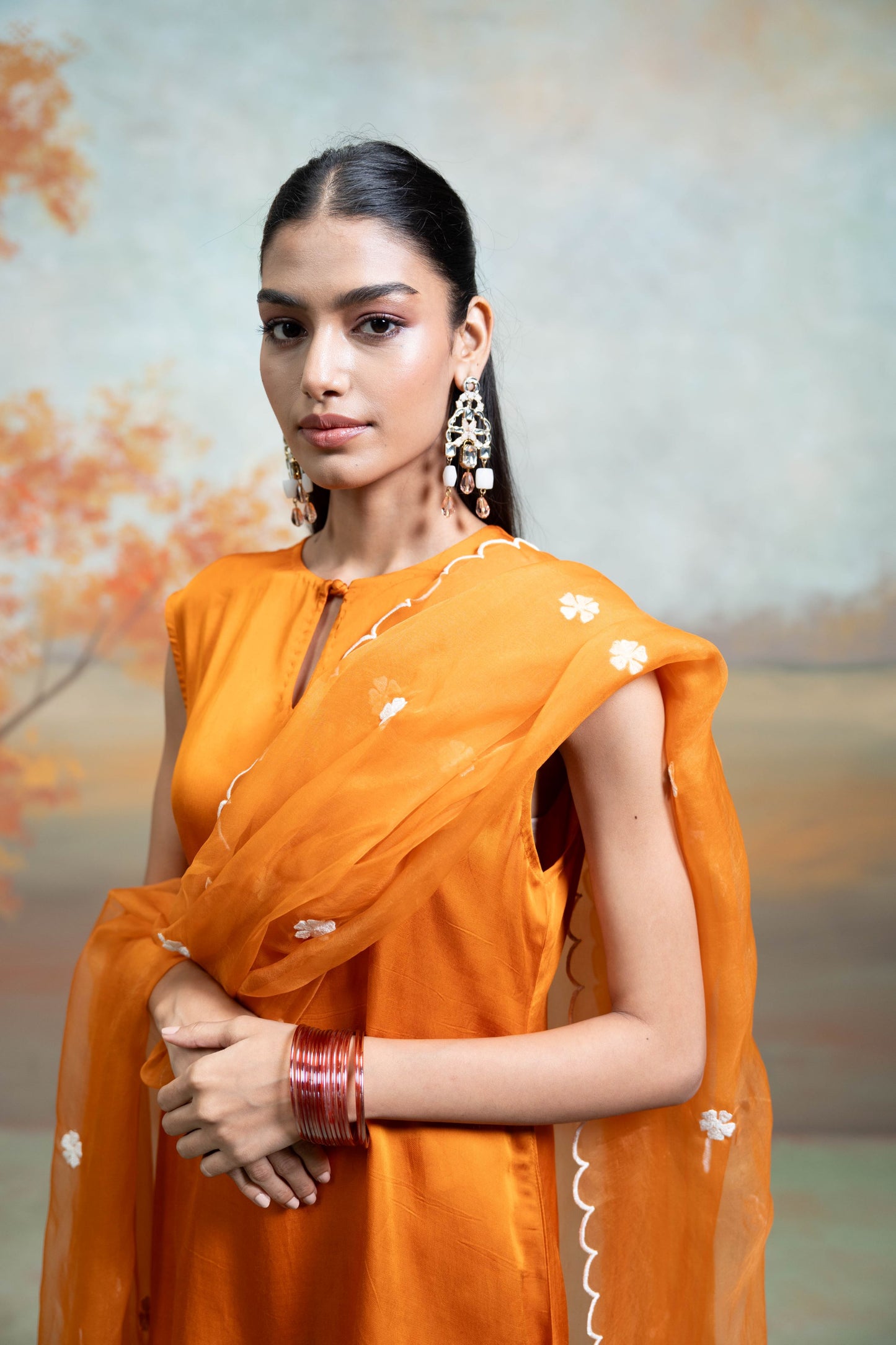 Orange Organza Detailing Cotton Silk & Organza Kurta Set 3 Pcs