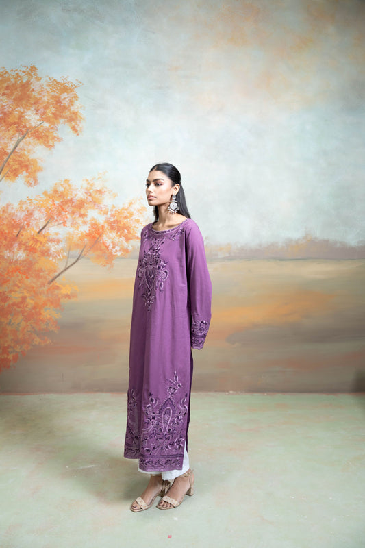 Purple Embroidery Cotton Silk Kurta 2Pc
