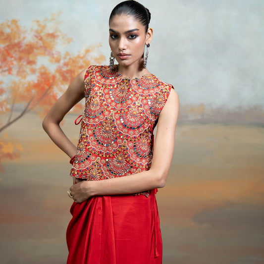 Red Zari Cutdana Pearl Work Silk Blend Drape Skirt Set 2 Pcs