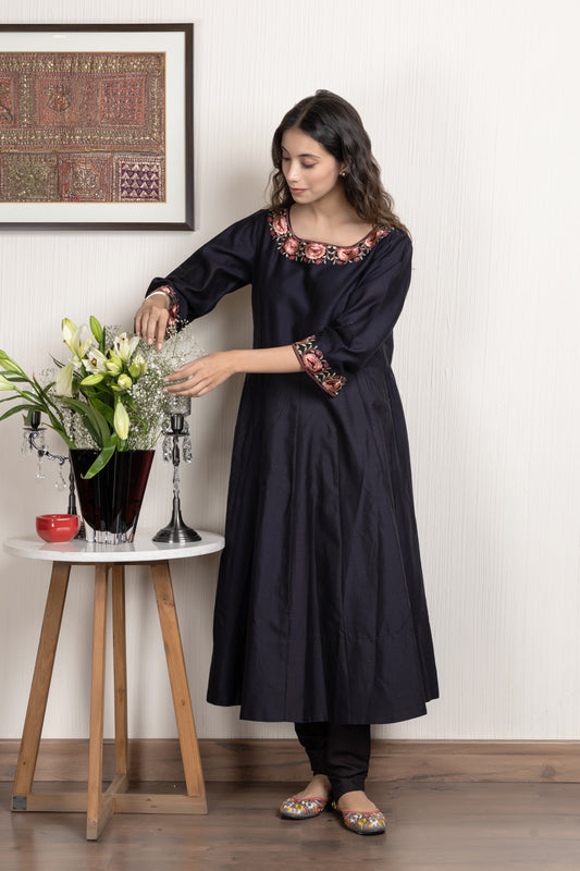 Chanderi embroidered anarkali kurta paired with Chanderi churidar