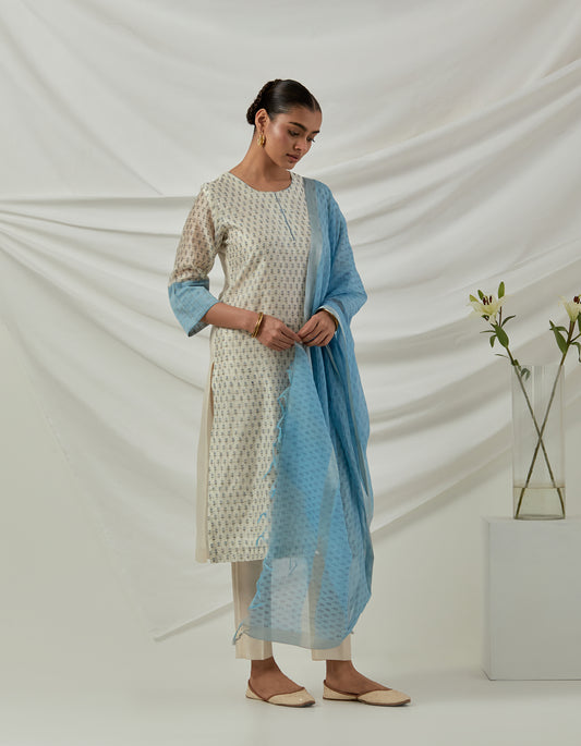 Off white Chanderi checks block printed kurta