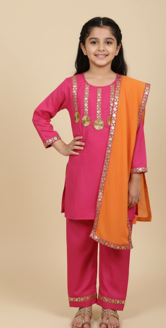 Girls Pink Suit set with Orange dupatta