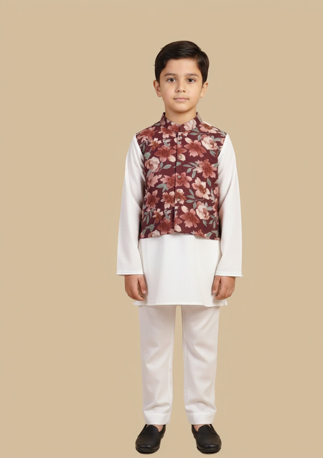 White Kurta Payjama with Floral Jacket