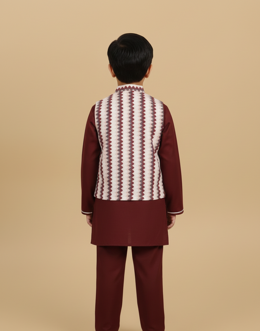 Red Kurta Payjama with zig zag Jacket
