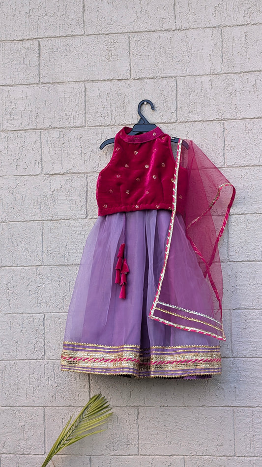 Purple Organza Lehenga with Pink Velvet Blouse for girls - set of 3
