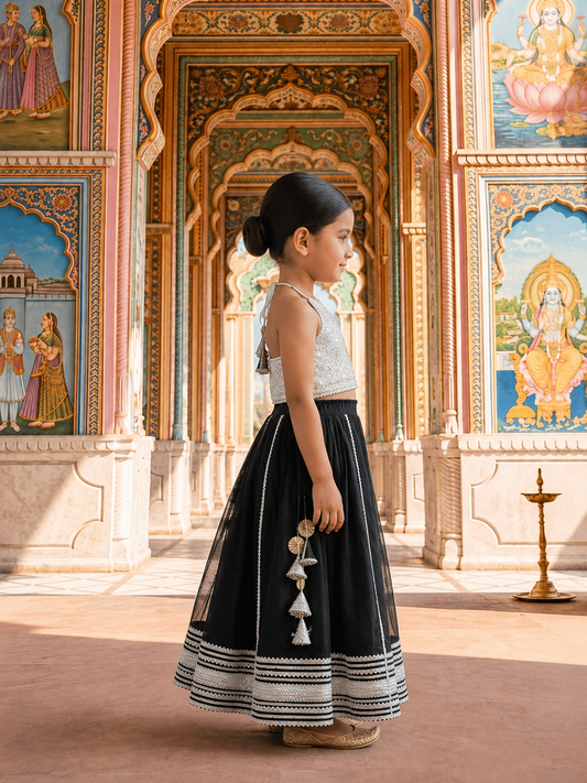 Black Georgette Lehenga with White Brocade Blouse for girls - set of 3