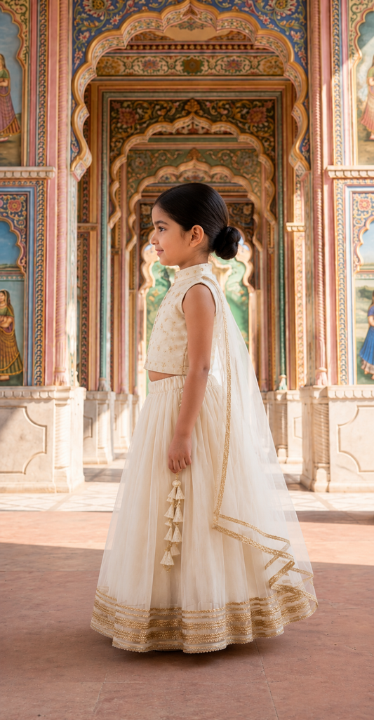 White Georgette Lehenga with White Silk Blouse for girls - set of 3