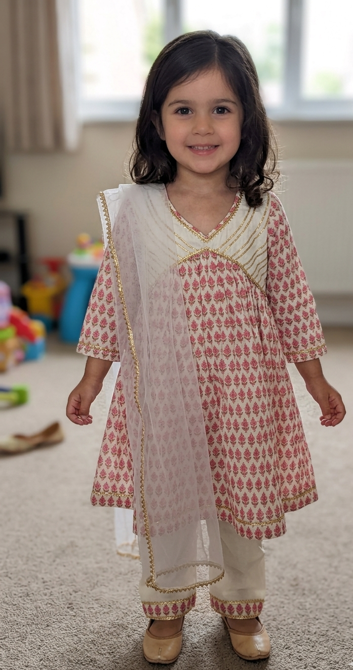 Pink Booti long anarkali with white payjama and net dupatta - set of 3