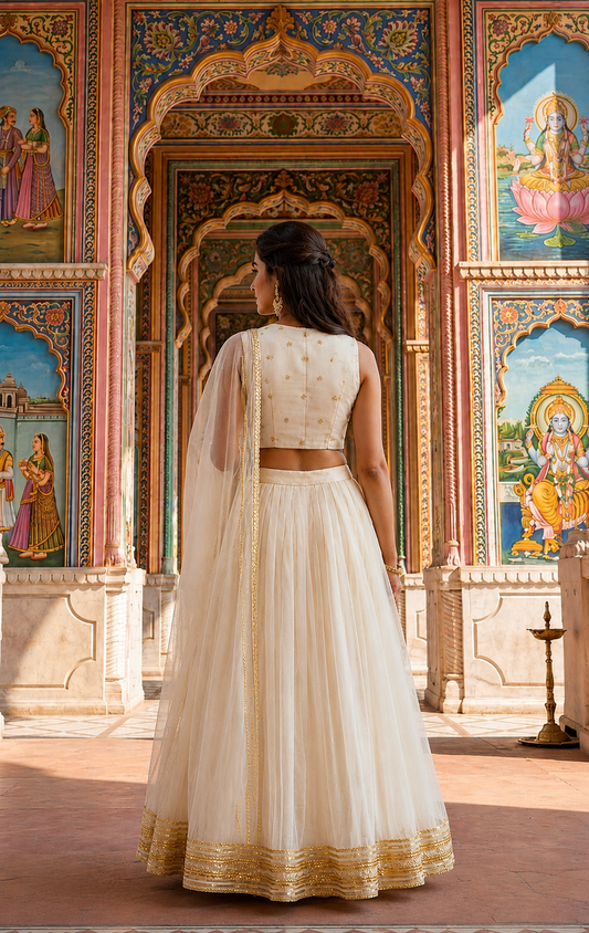 A woman stands with her back to the camera wearing an off-white/cream traditional Indian lehenga choli with gold embroidery, set against an ornate, colorful palace archway.