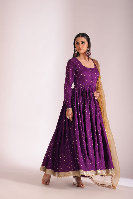 Mastani Wine Chanderi Anarkali and Pant with dupatta- set of 3