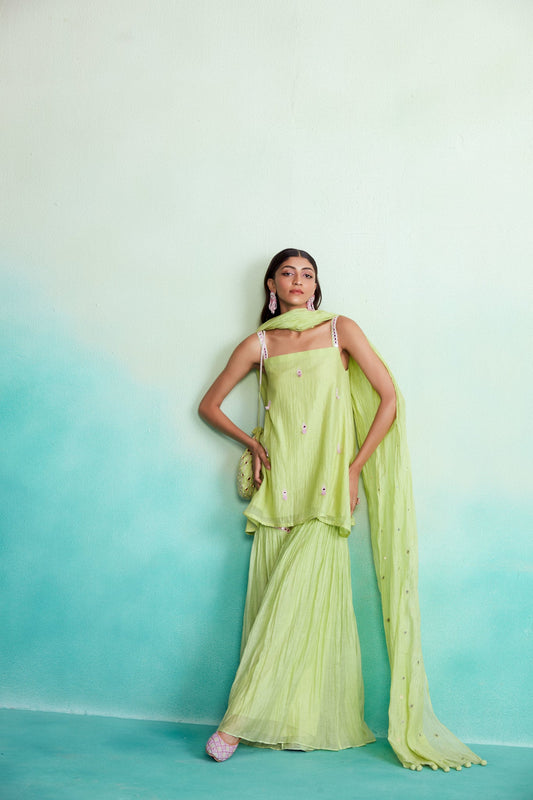Limefinity kurta sharara set - Lime Hand embroidered Kurta Sharara & Dupatta set