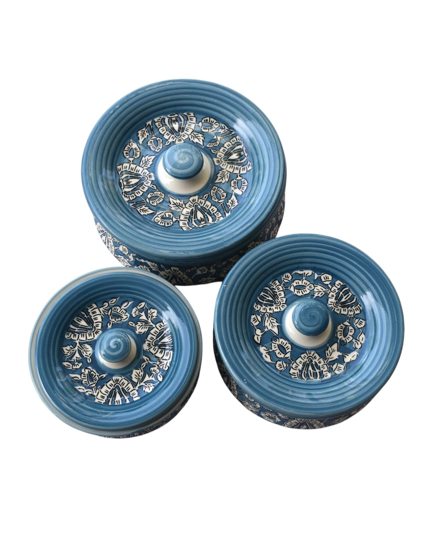 Grey floral- Blue Pottery Serving Handi