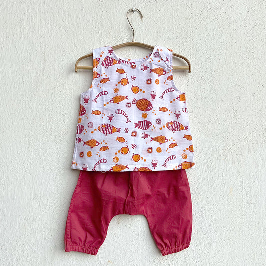 Organic Cotton Koi Red Jhabla and Red Pajama Pants Set