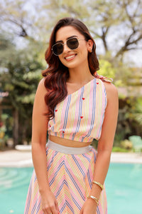 Stripe One Shoulder Top With A-line Skirt