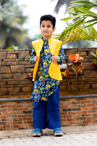 BOYS BLUE FLORAL KURTA PAJAMA SET WITH NEHRU JACKET