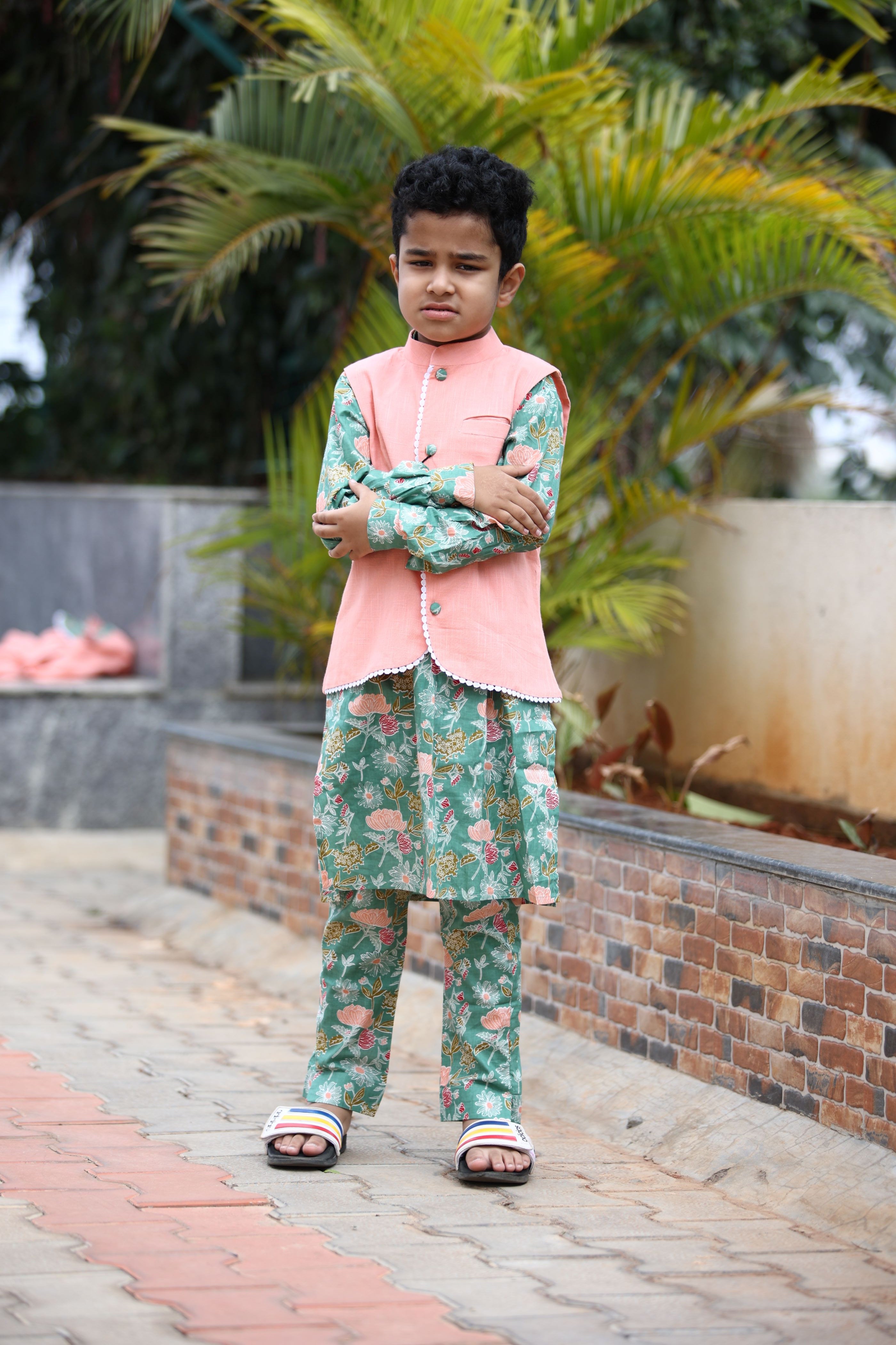 BOYS MINTY GREEN FLORAL KURTA SET WITH NEHRU JACKET