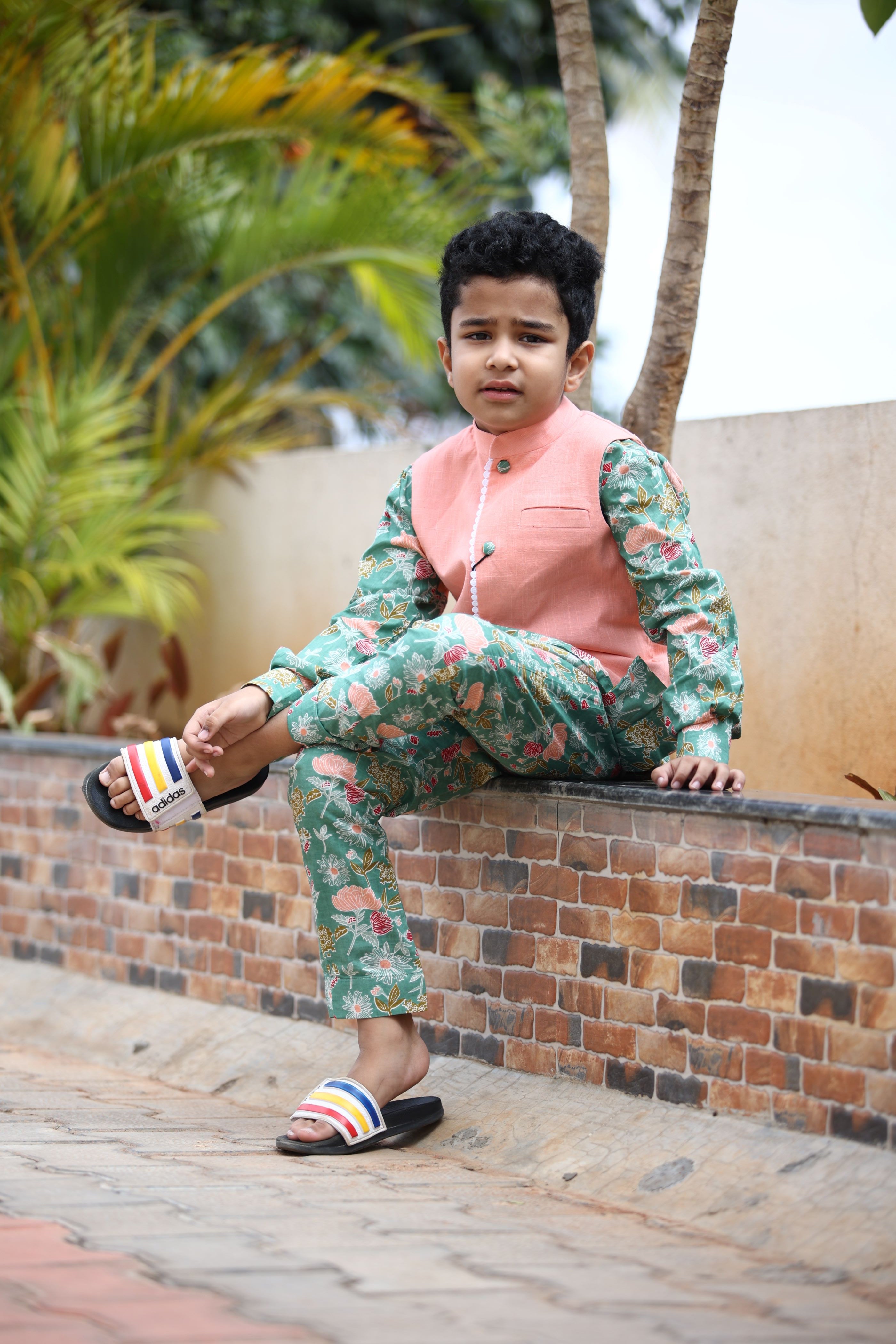 BOYS MINTY GREEN FLORAL KURTA SET WITH NEHRU JACKET