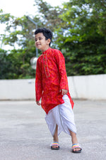 Load image into Gallery viewer, BOYS RED BANDHANI GOTAPATTI DHOTI KURTA SET
