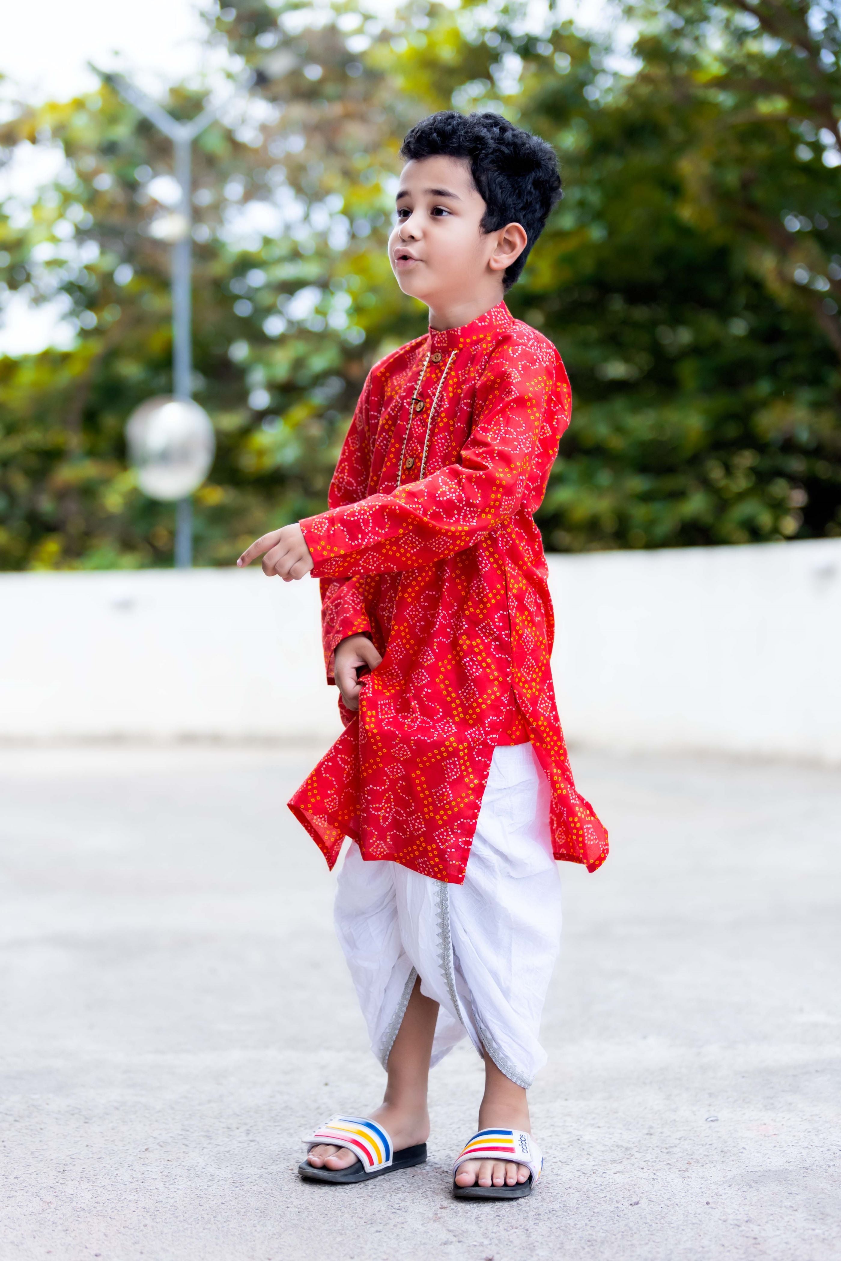 BOYS RED BANDHANI GOTAPATTI DHOTI KURTA SET