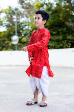 Load image into Gallery viewer, BOYS RED BANDHANI GOTAPATTI DHOTI KURTA SET
