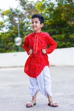 Load image into Gallery viewer, BOYS RED BANDHANI GOTAPATTI DHOTI KURTA SET
