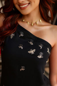 Black One Shoulder Bug Embroidered Cocktail Dress