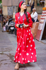 Load image into Gallery viewer, Red Bandhani Modal Satin Maxi Dress
