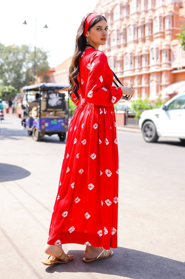 Red Bandhani Modal Satin Maxi Dress