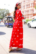 Load image into Gallery viewer, Red Bandhani Modal Satin Maxi Dress
