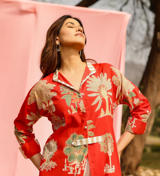 Sunset Palm Print Kurta-Pant Set