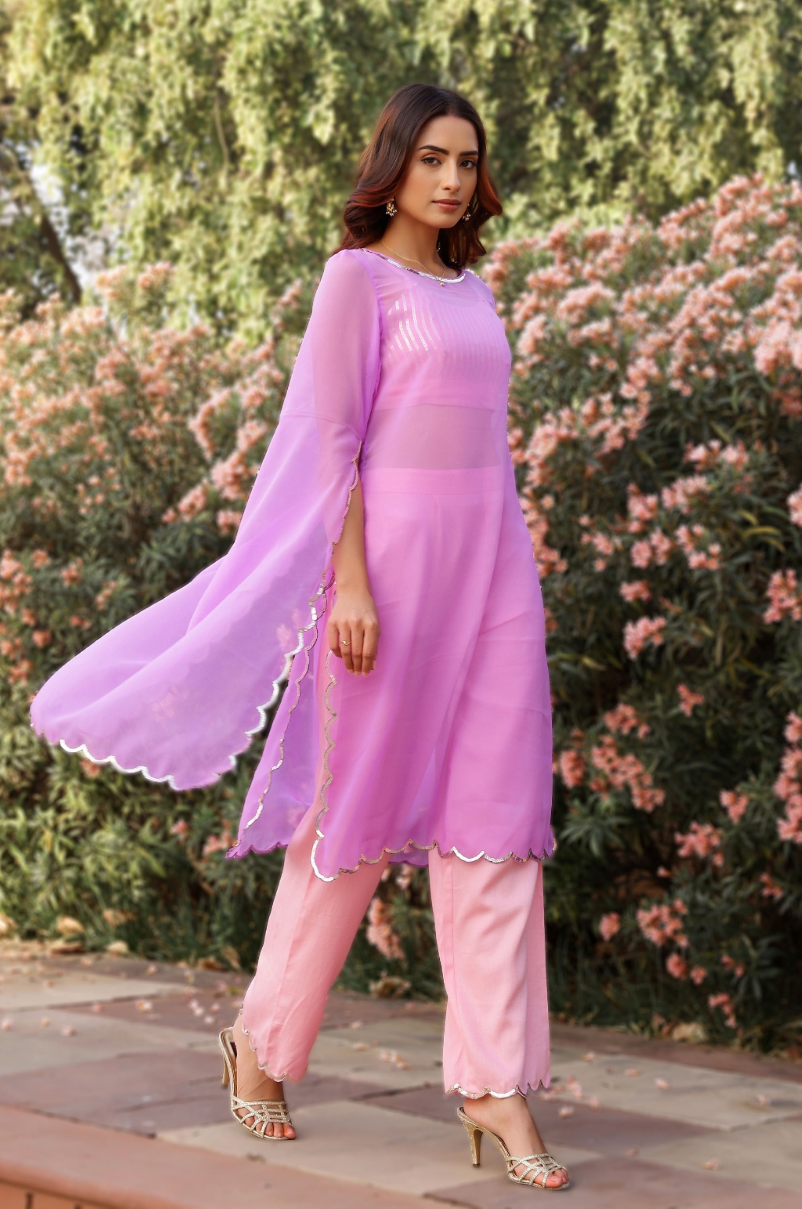 Lilac & Baby Pink Sequin Detailed Gorgette Kurta - Set of 3