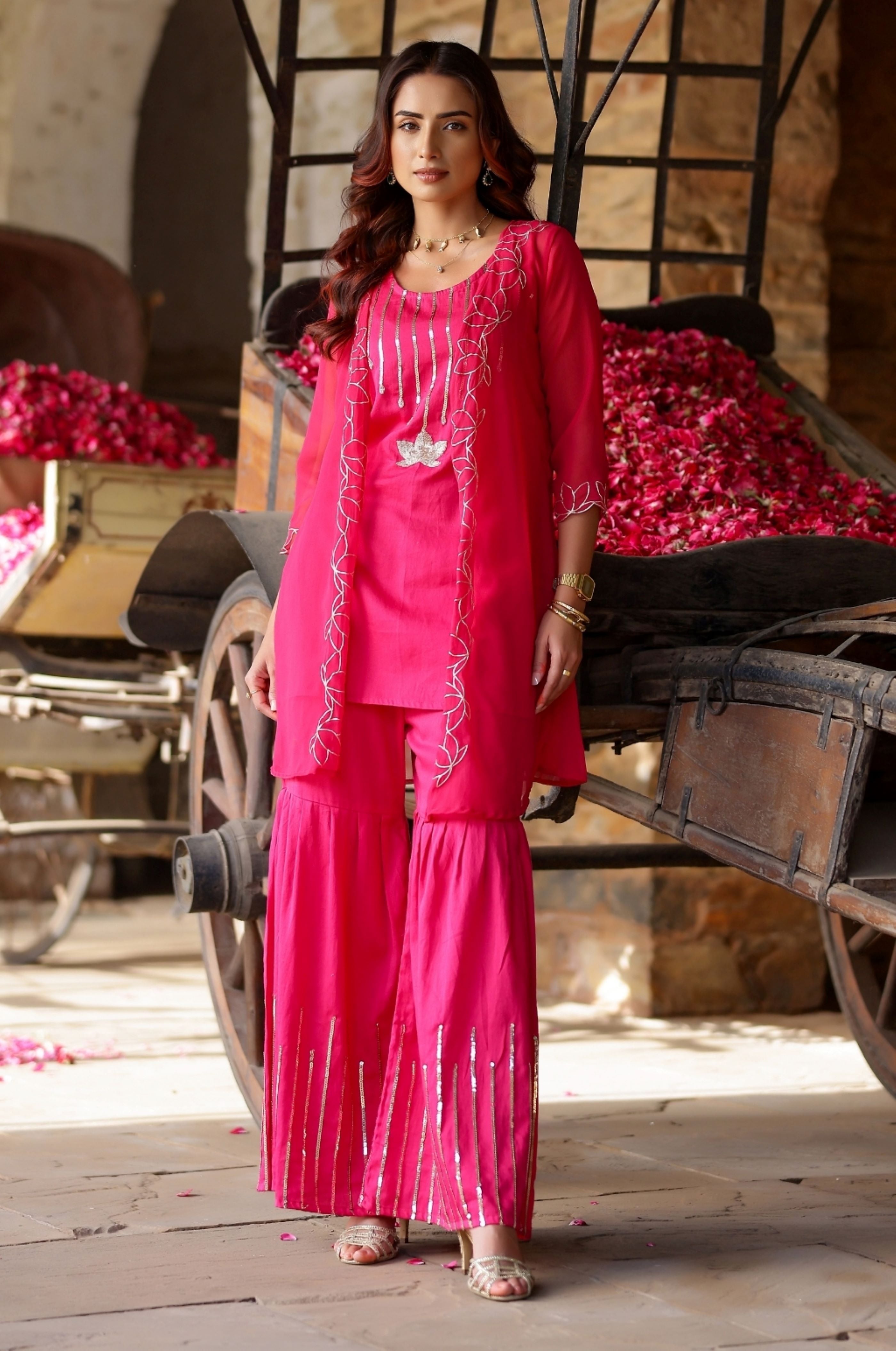 Hot Pink Lotus Embroidered Sharara with Jacket - Set of 3