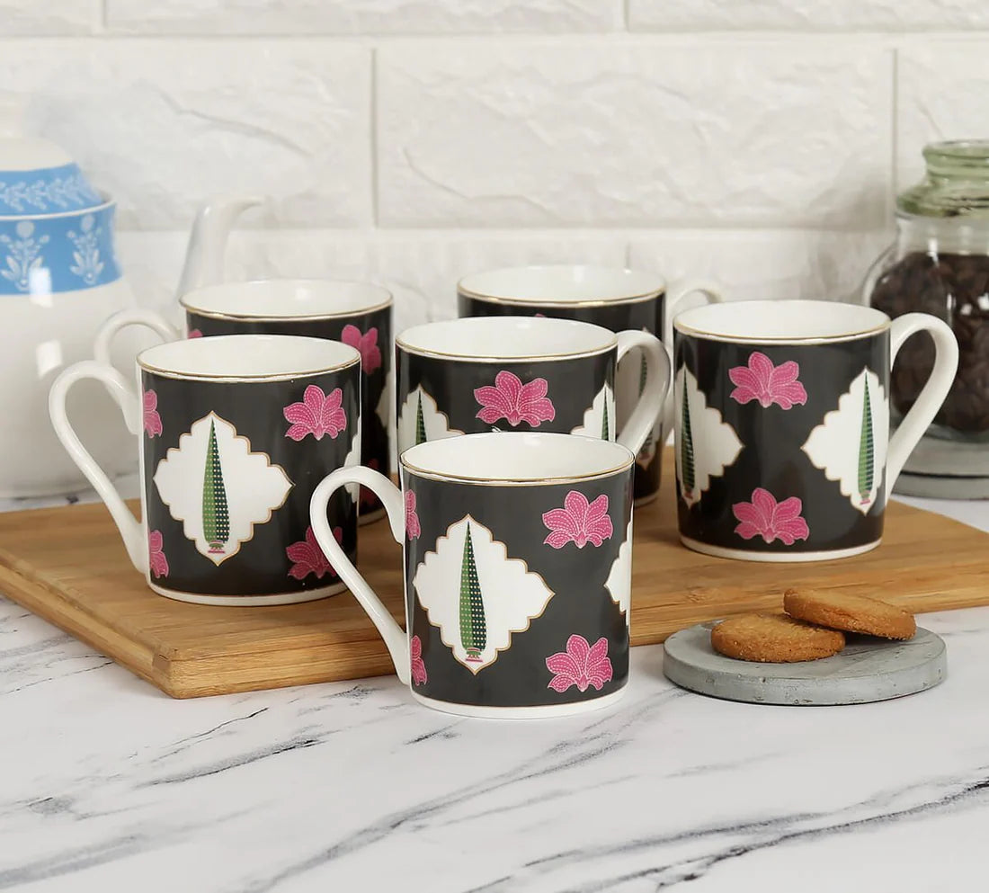 Cacatua Galerita's Realm Black and Pink Coffee & Tea Mug Set of 6