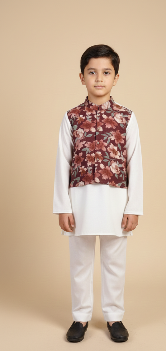 White Kurta Payjama with Floral Jacket