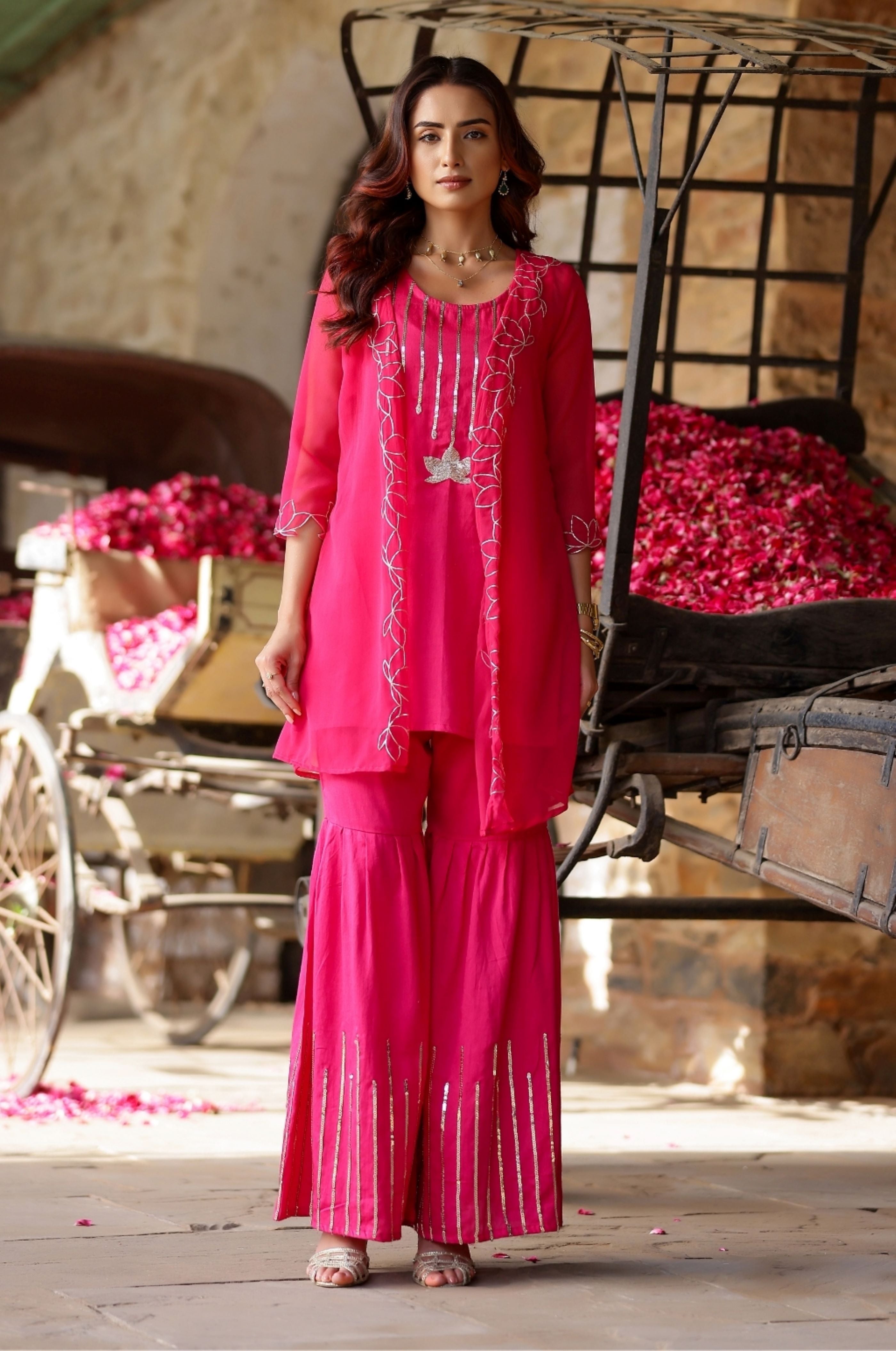 Hot Pink Lotus Embroidered Sharara with Jacket - Set of 3