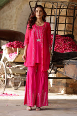 Load image into Gallery viewer, Hot Pink Lotus Embroidered Sharara with Jacket - Set of 3
