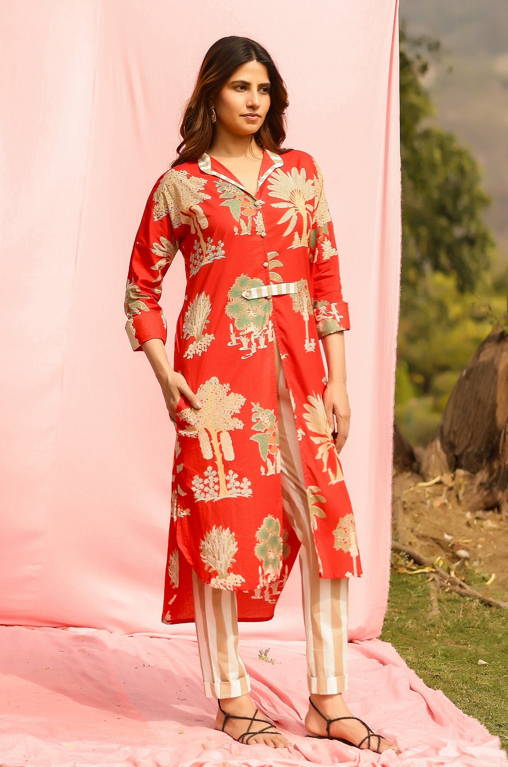 Sunset Palm Print Kurta-Pant Set