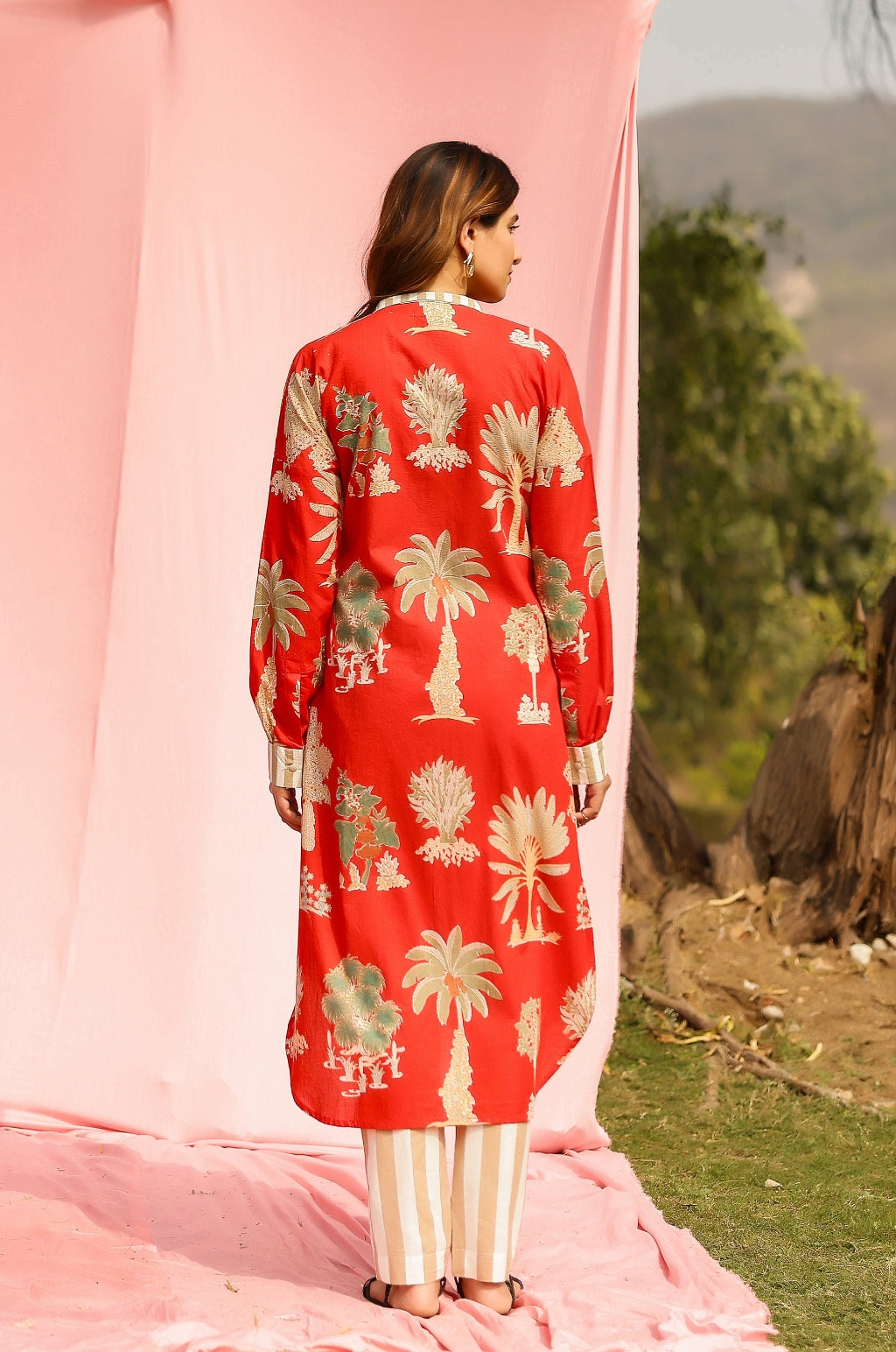 Sunset Palm Print Kurta-Pant Set