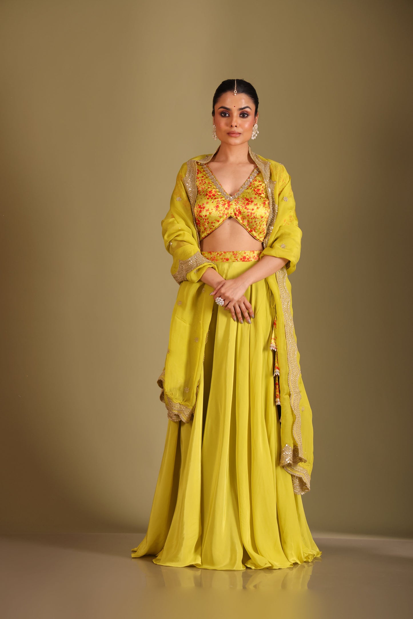 Gulzar Lime printed Blouse with Lehenga and dupatta- set of 3