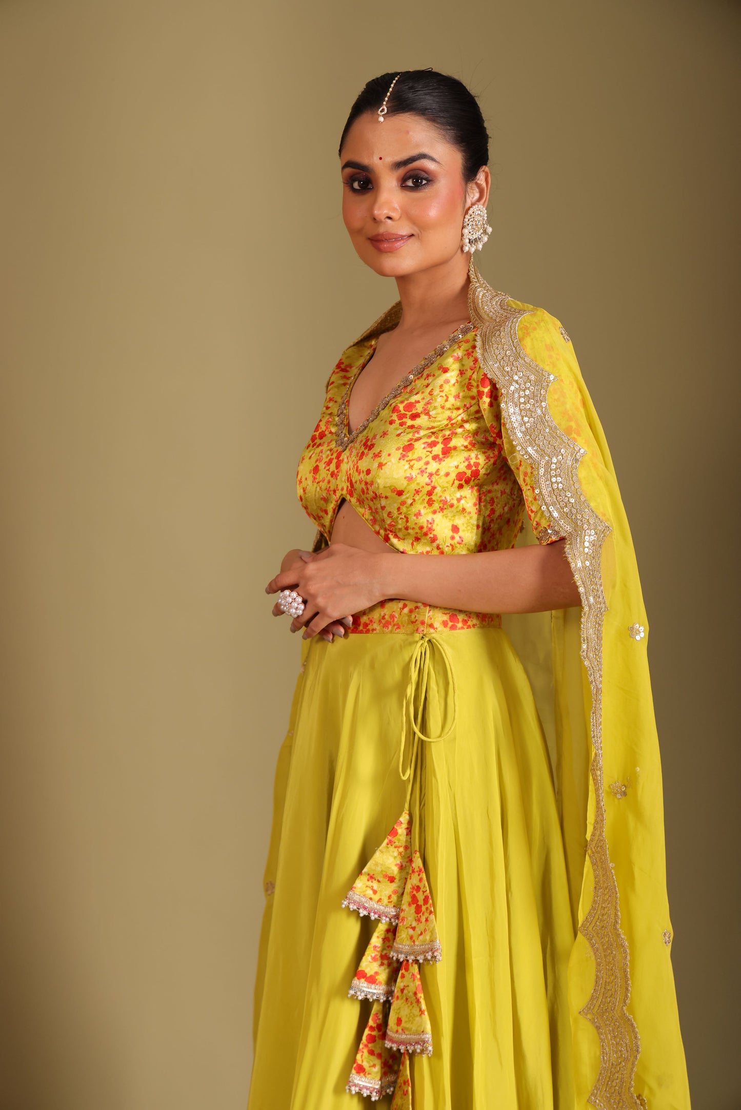 Gulzar Lime printed Blouse with Lehenga and dupatta- set of 3